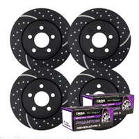 FULL SET DIMPLED SLOTTED BRAKE ROTORS + PADS FOR NISSAN SKYLINE R34 GTT 1998-2001