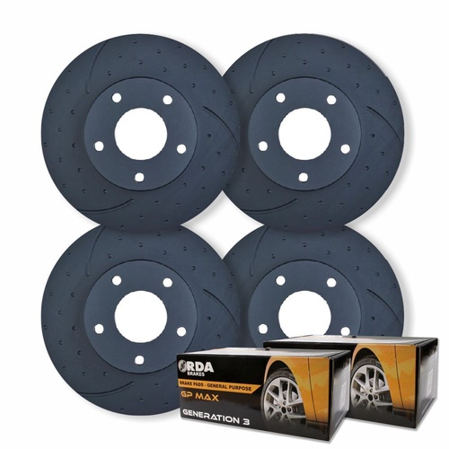 FULL SET DIMPLED SLOTTED DISC BRAKE ROTORS + PADS for Nissan Skyline R33 GTS-T