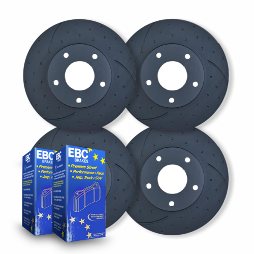 FULL SET DIMPLED SLOTTED BRAKE ROTORS + PADS FOR NISSAN SKYLINE R34 GTT 1998-2001