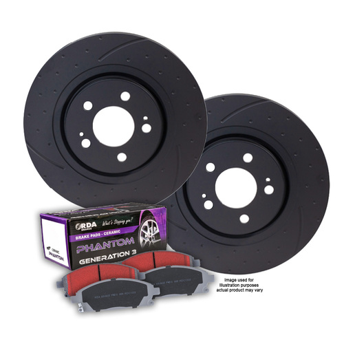 DIMP SLOTTED REAR RDA DISC BRAKE ROTORS & CERAMIC PADS FOR NISSAN SKYLINE R34 GTT 5/1998-ON