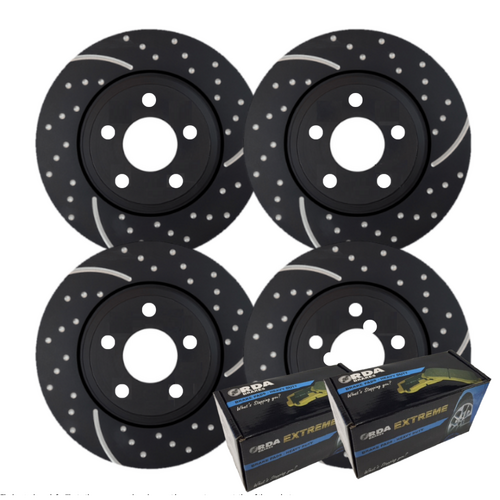 FULL SET DIMPLED SLOTTED DISC BRAKE ROTORS + H/D PADS FOR COMMODORE VE VF V6 2006 ON