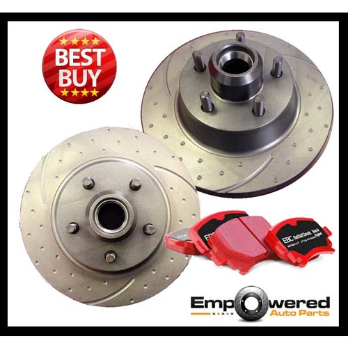 DIMPLED SLOTTED FRONT DISC BRAKE ROTORS + PADS for Holden Commodore VN VG VP V8