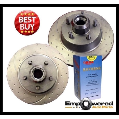 DIMPLED SLOTTED FRONT DISC BRAKE ROTORS+PADS Holden Commodore VG V8 UTE 1990-91