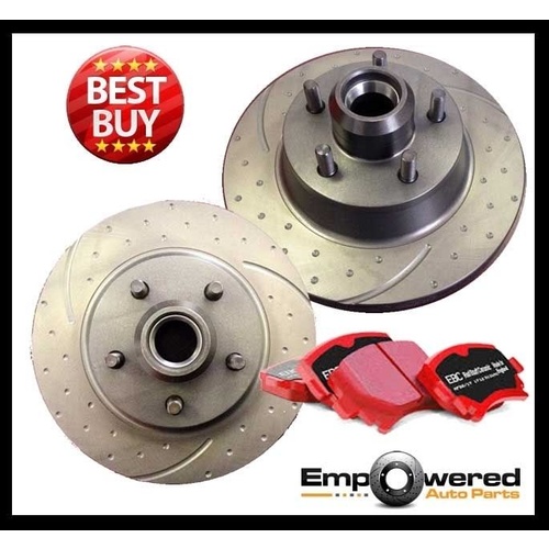 DIMPLED SLOTTED FRONT DISC BRAKE ROTORS+PADS for Commodore VL 5.0L V8 1986-1988