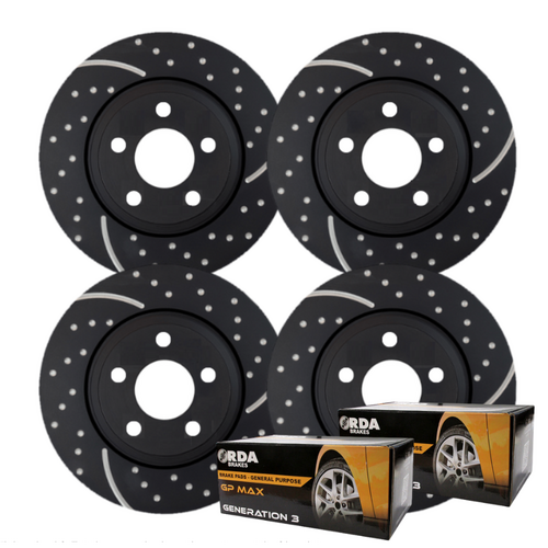 FULL SET DIMPLED SLOTTED BRAKE ROTORS + PADS FOR COMMODORE VT VU VX VY VZ V6 V8