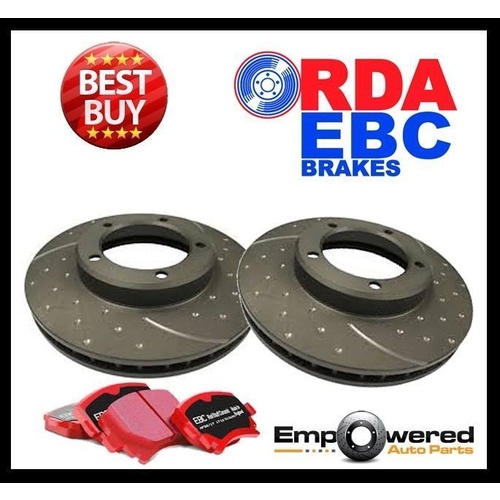 DIMP SLOTTED FRONT RDA DISC BRAKE ROTORS & EBC REDSTUFF PADS FOR SUBARU FORESTER 2.5T 7/2005-2/2008