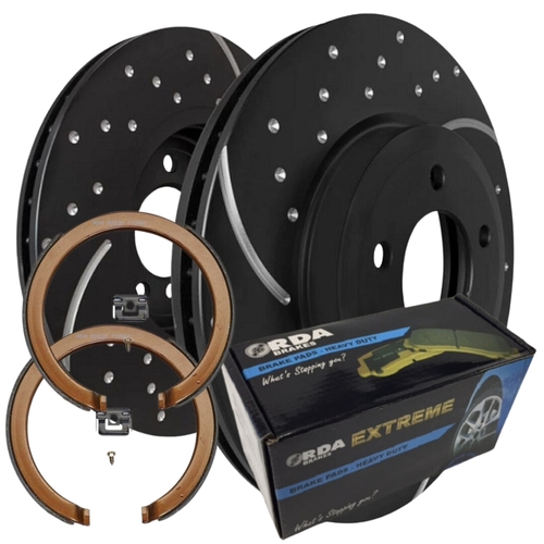 DIMP SLOTTED REAR RDA DISC BRAKE ROTORS & H/D PADS & H/B SHOES FOR FORDFALCON AU II III 00-02